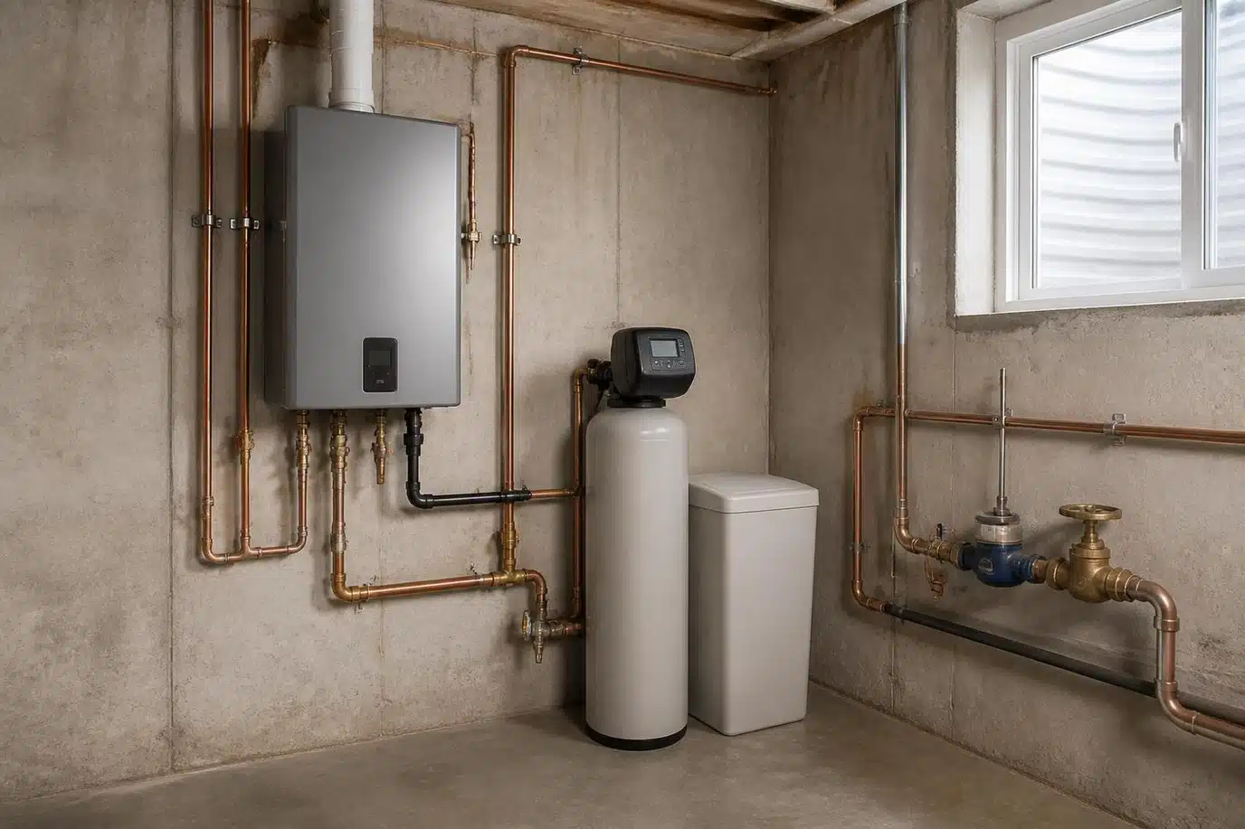 Water efficient basement setup with a tankless water heater, softener, and metered main shutoff on clean copper piping