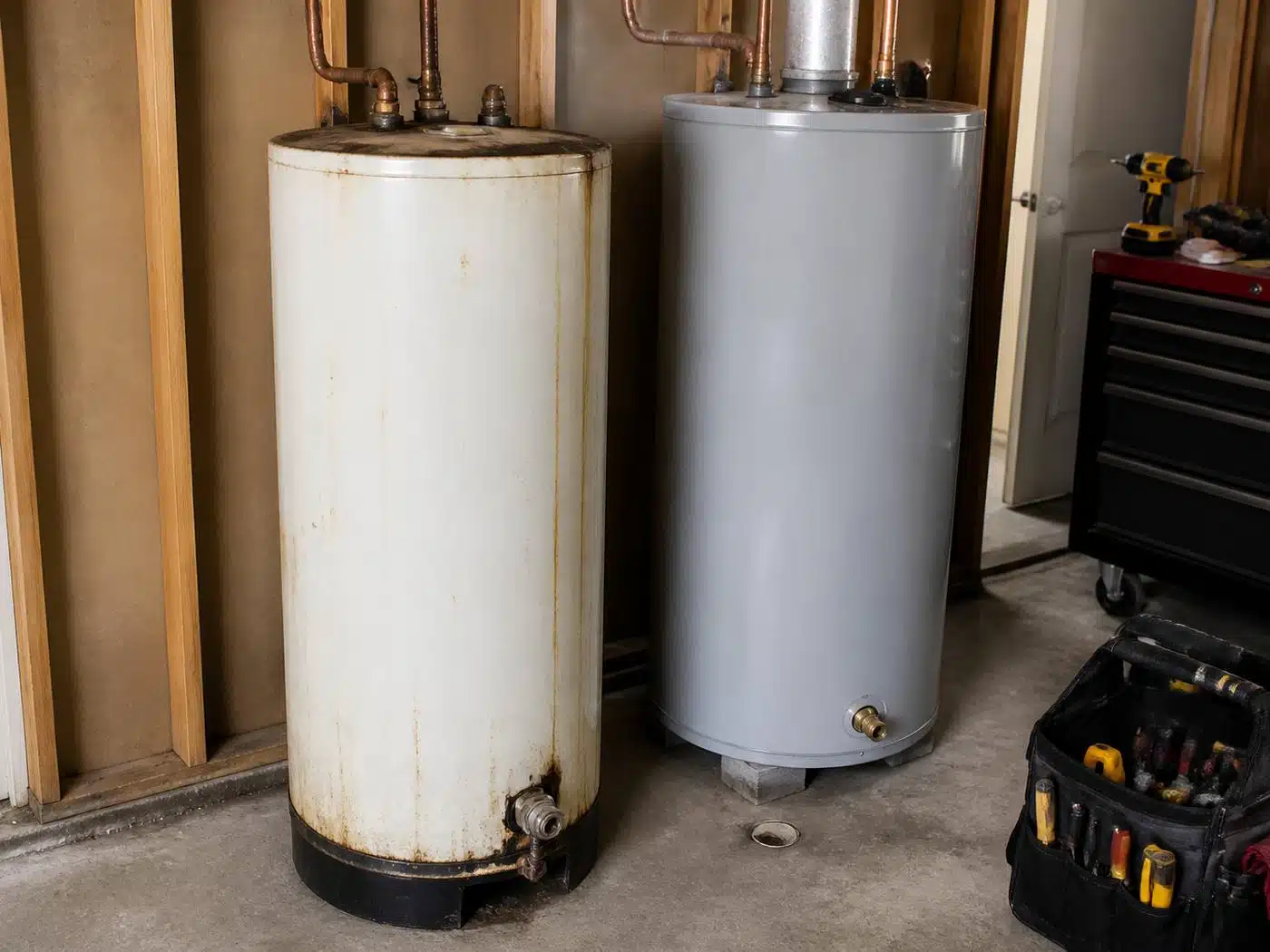 Wider view of the work area, old tank water heater removed beside a new unit during a Denver water heater replacement