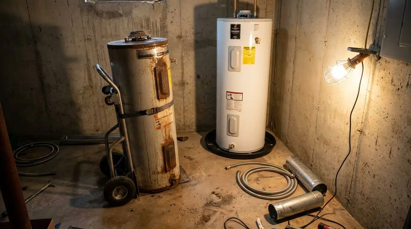 Old tank water heater removed beside a new unit during a Denver water heater replacement