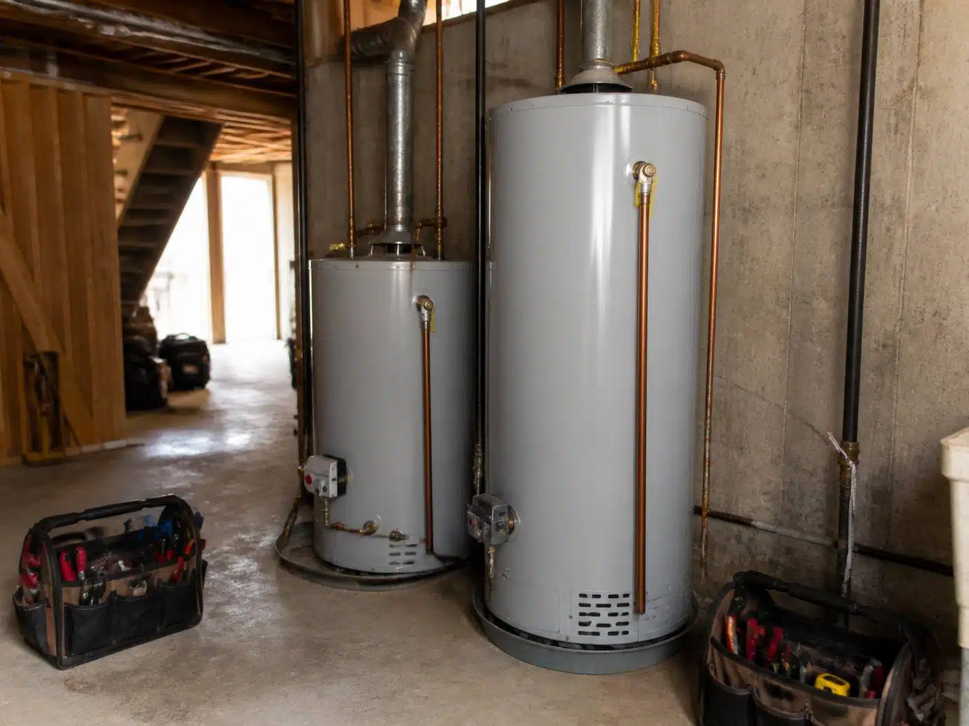 Wider view of the work area, two residential tank water heaters of different sizes side by side in a Denver basement