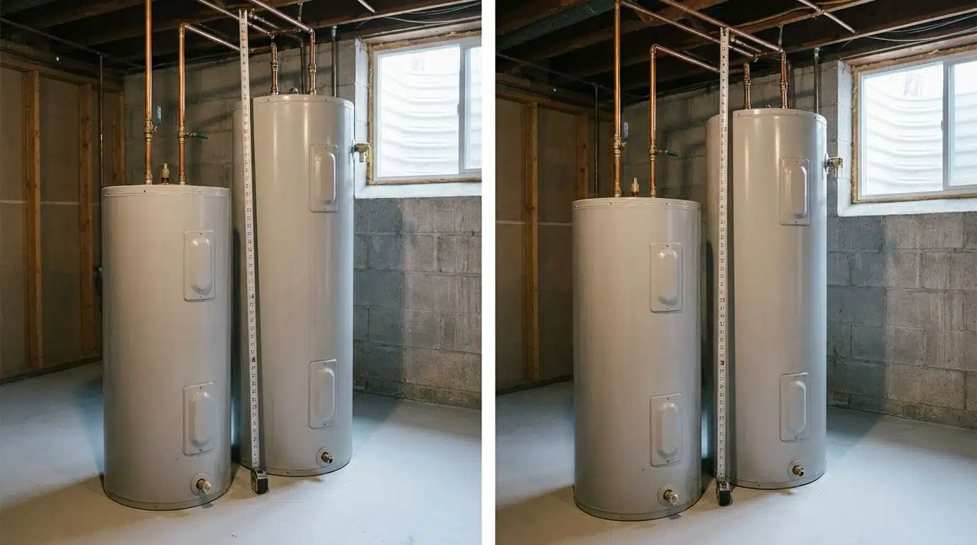 Two residential tank water heaters of different sizes side by side in a Denver basement