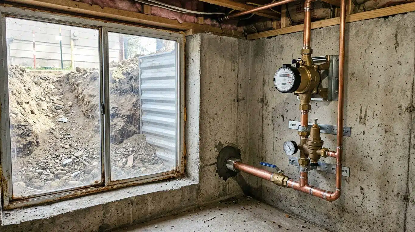New copper water service entry with shutoff and pressure reducing valve in a Denver basement