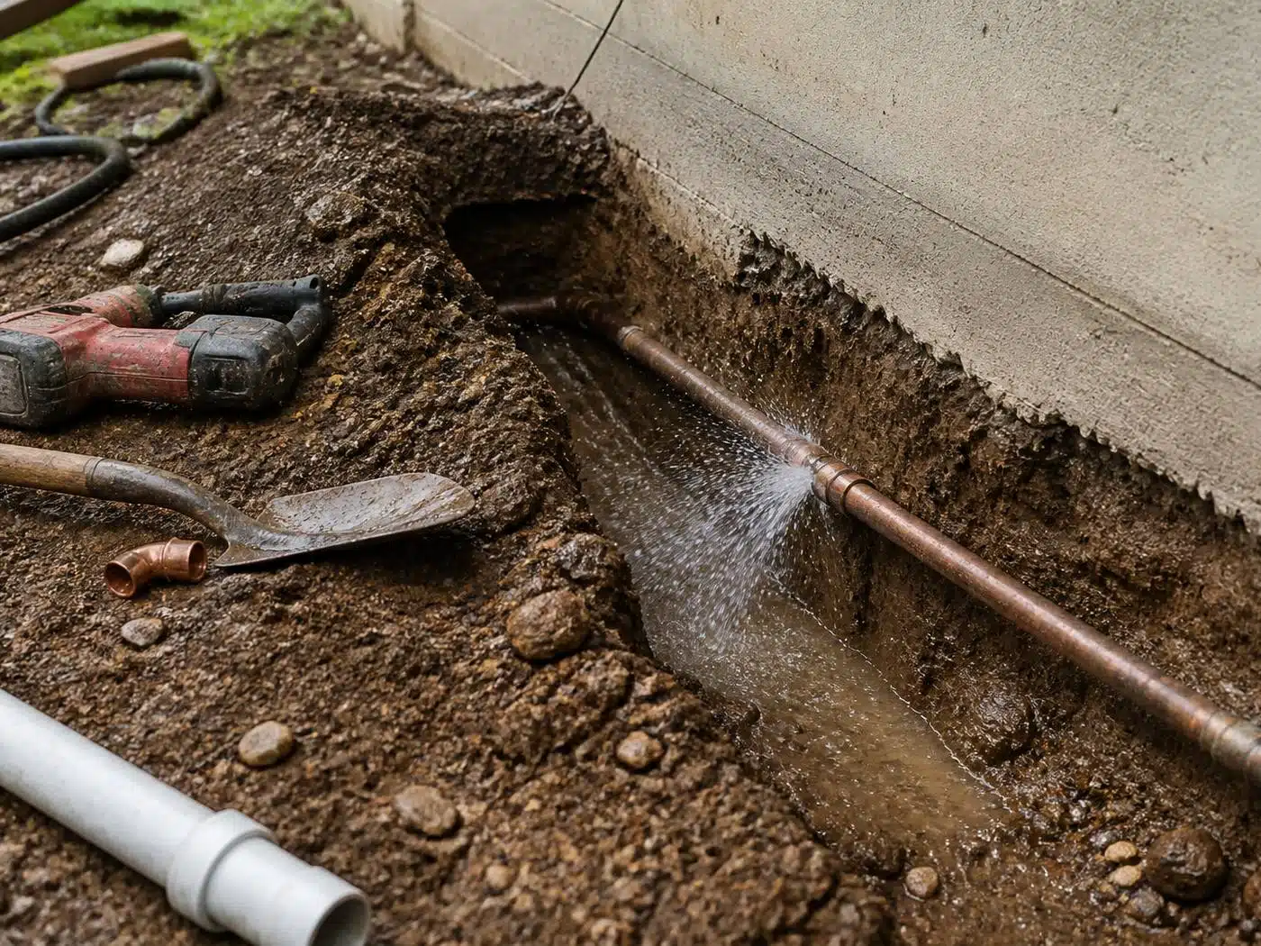 Wider view of the work area, copper water service line leaking in an excavation beside a Denver home foundation