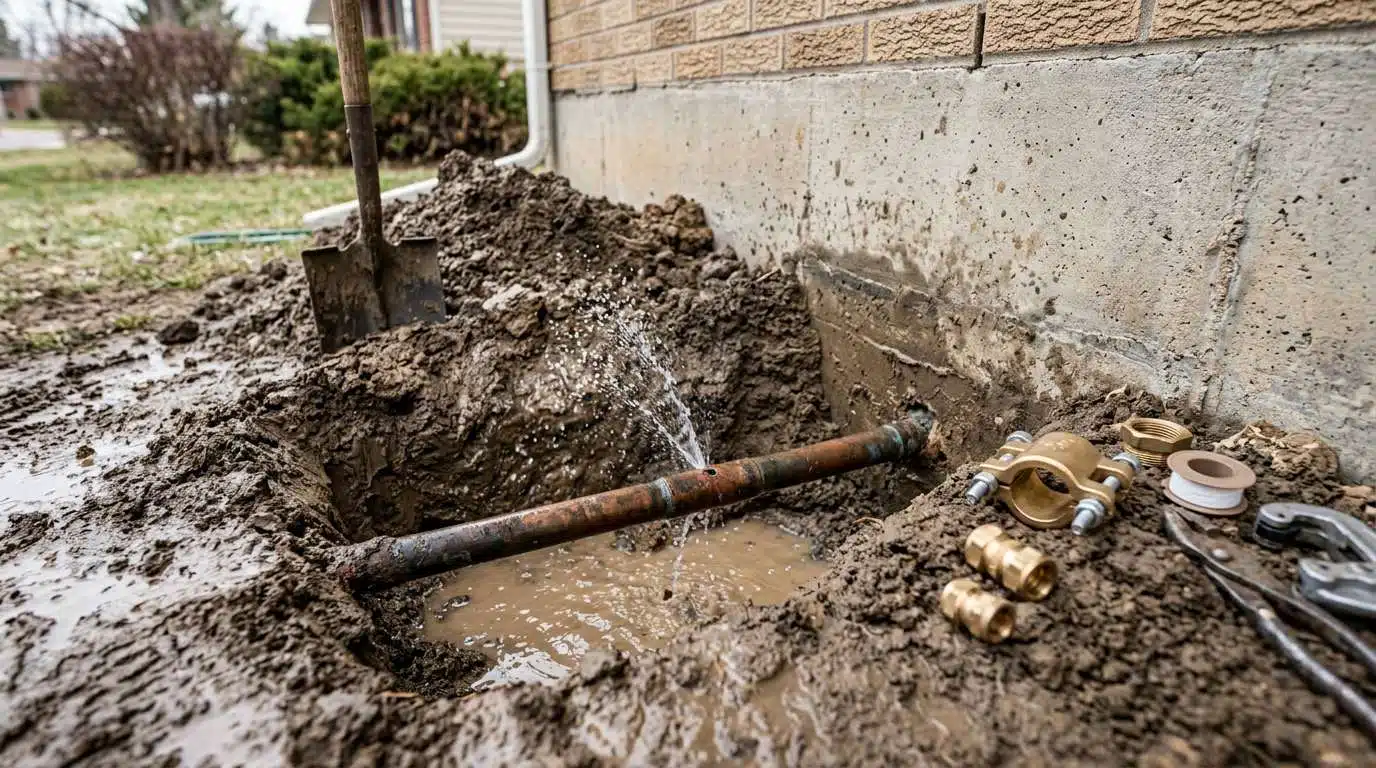 Copper water service line leaking in an excavation beside a Denver home foundation