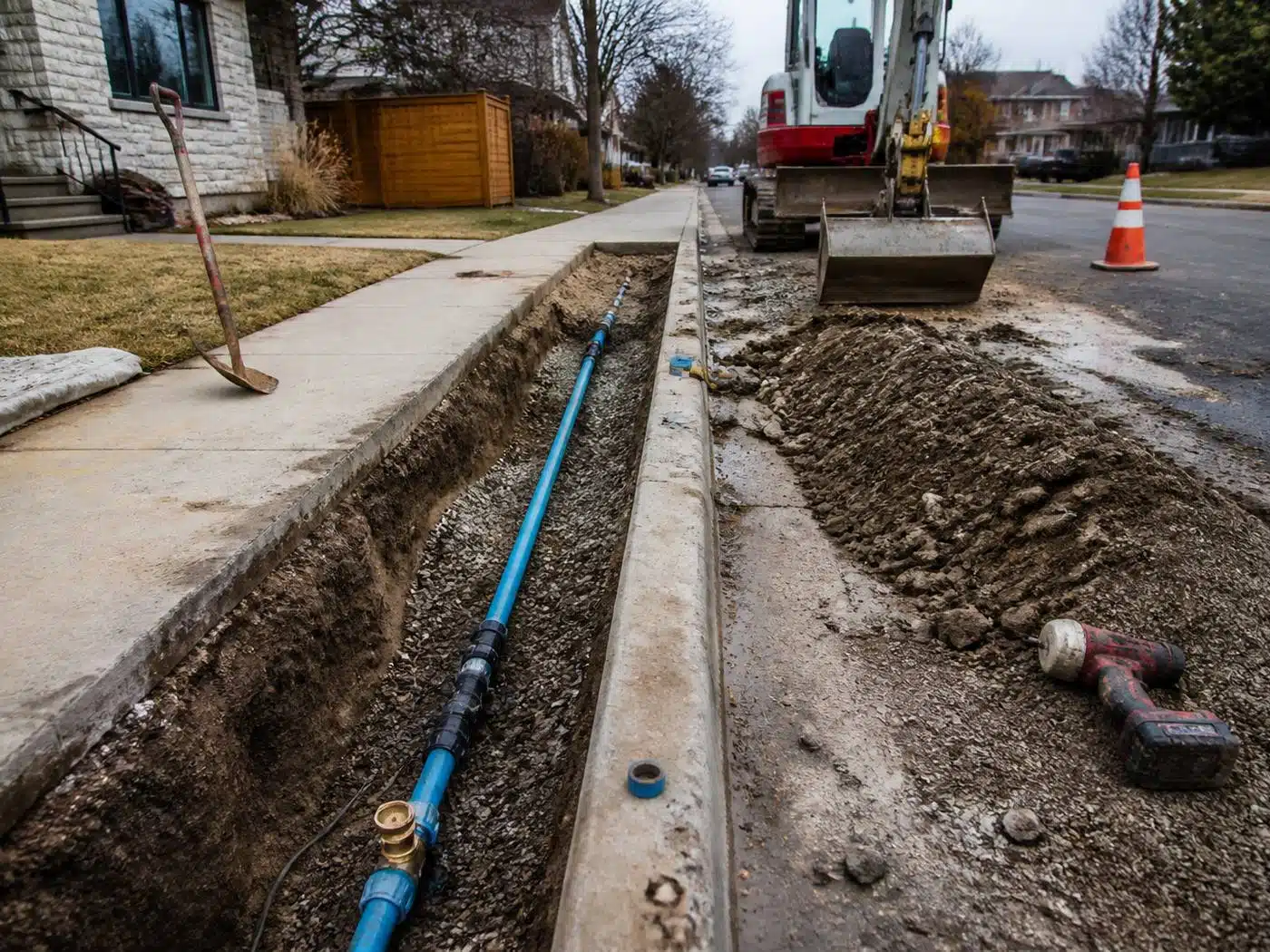 Wider view of the work area, water supply line replacement trench at a Denver, Colorado property