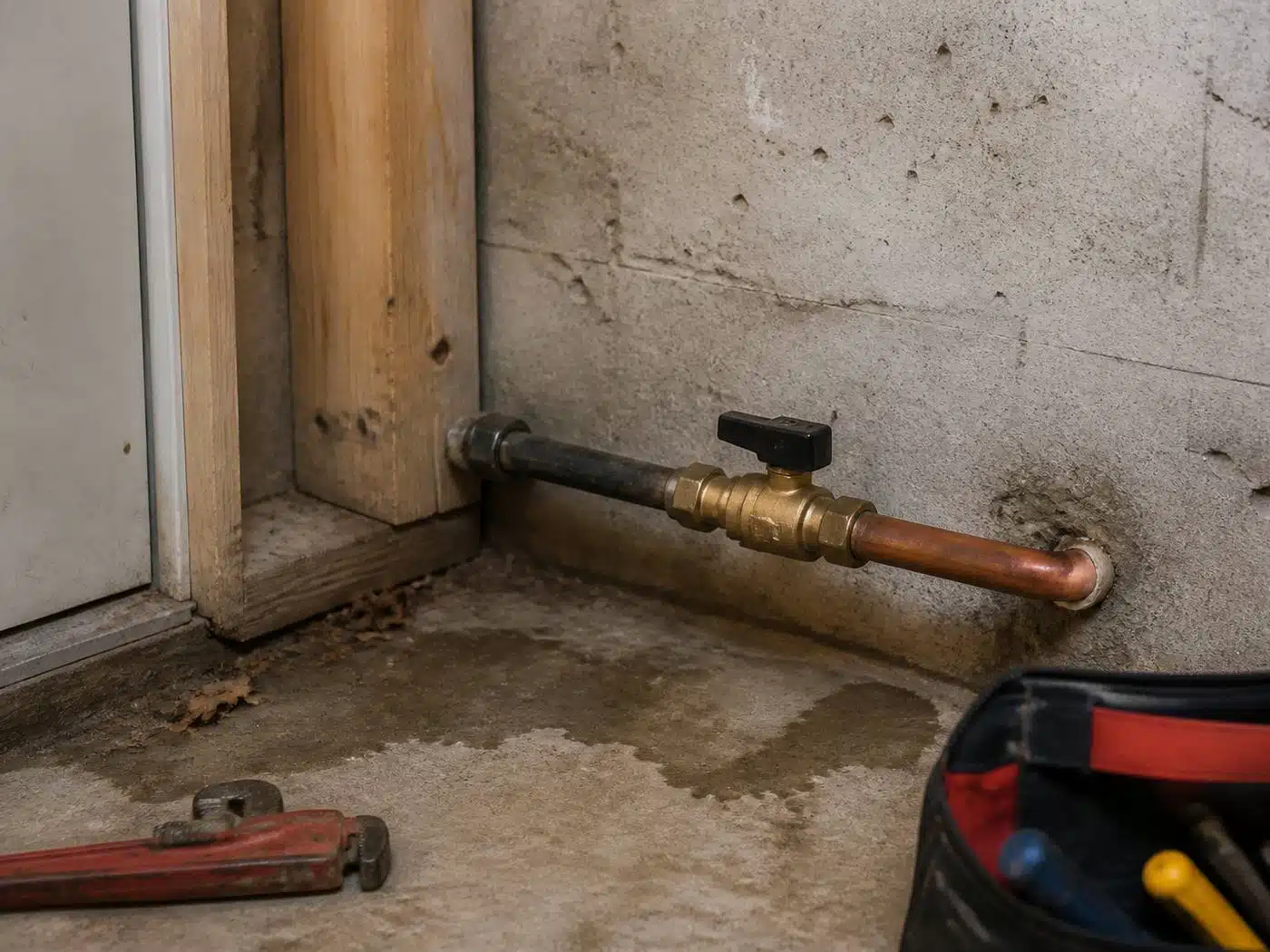 Wider view of the work area, new quarter-turn main water shutoff valve installed where the service line enters a Denver basement