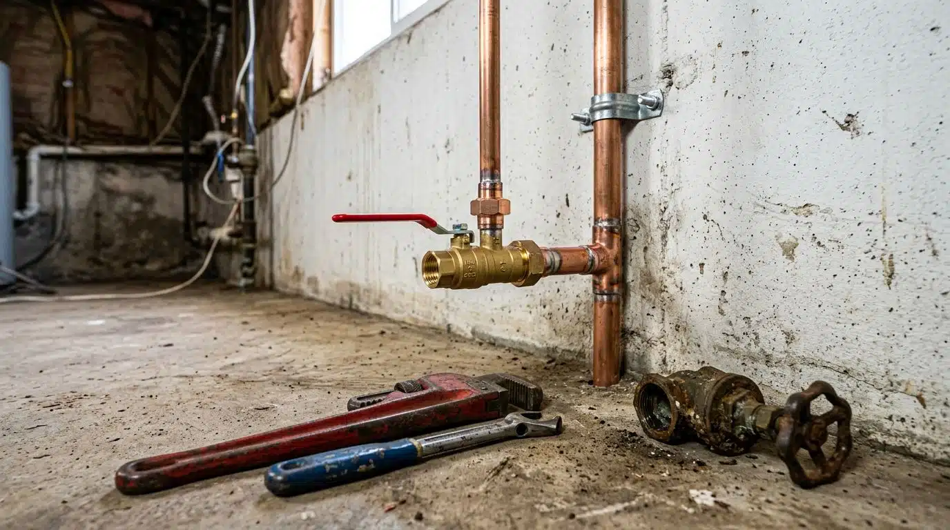 New quarter-turn main water shutoff valve installed where the service line enters a Denver basement