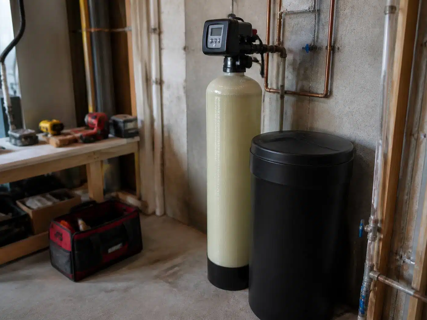 Wider view of the work area, whole house water softener and brine tank installed in a Denver basement utility corner