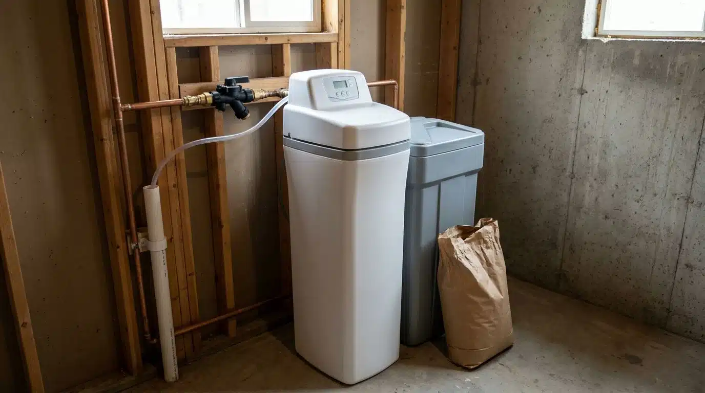 Whole house water softener and brine tank installed in a Denver basement utility corner