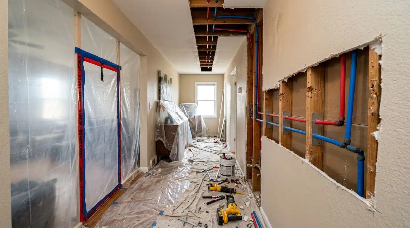 Whole house repipe in progress with open wall channels and new PEX lines in a Denver home